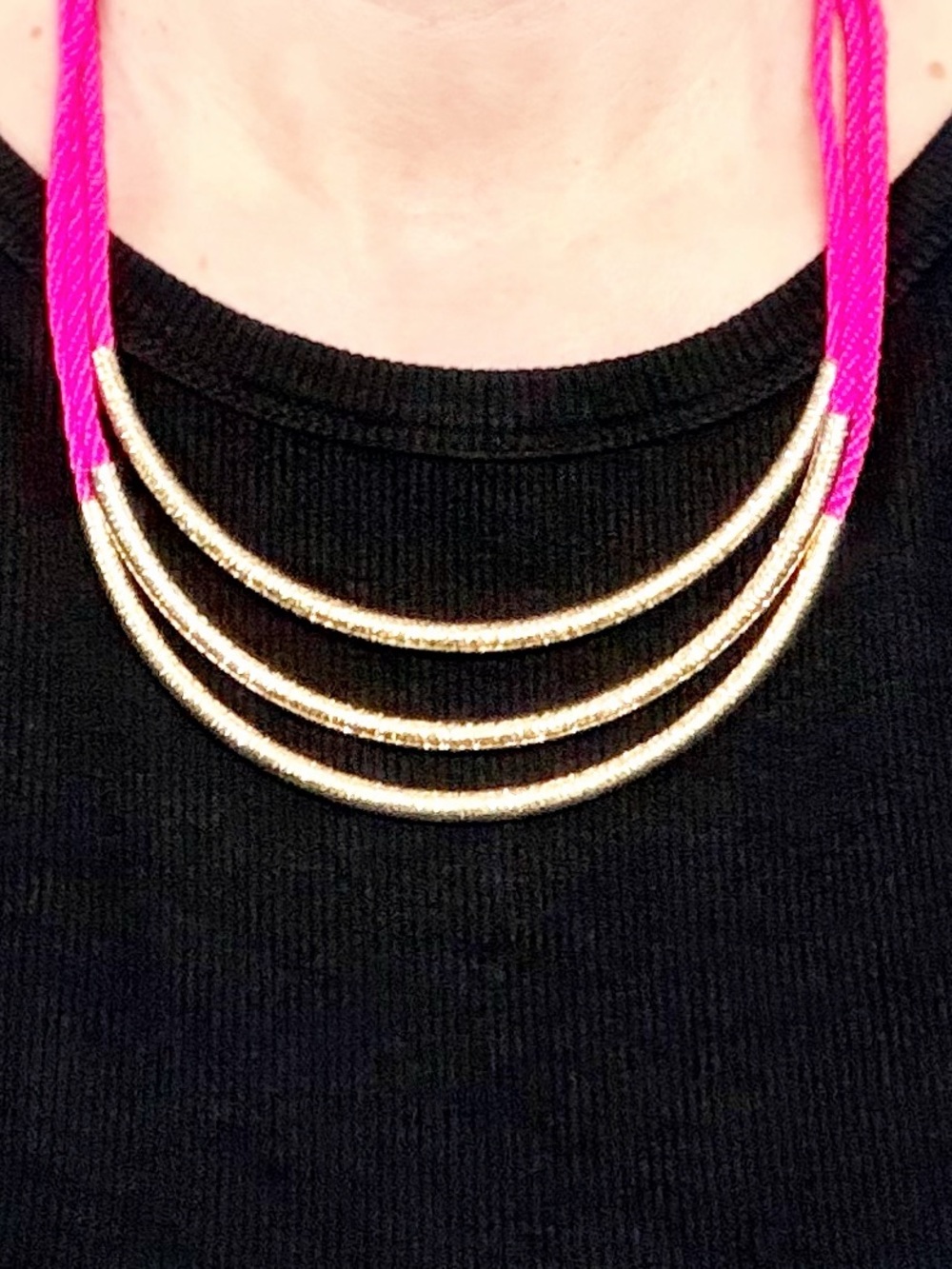 Gold & Hot Pink Layered Collar Necklace | Statement Tube Bar Cord Bib Y2K